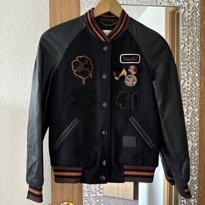 Coach Classic Varsity Jacket Black/Brown Wool/Leather_size 00